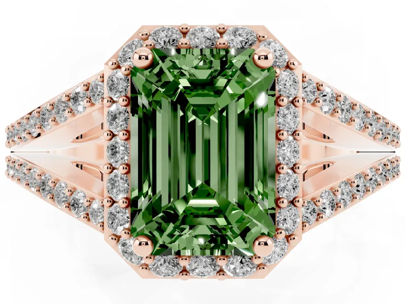 Emerald Cut Split Shank Halo Engagement Ring Setting for a Fancy Green Lab-Grown Diamond | Rose Gold