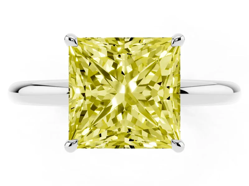 Fancy Yellow Princess Cut Diamond Solitaire Ring Set in Platinum with Thin Band and Prong Setting