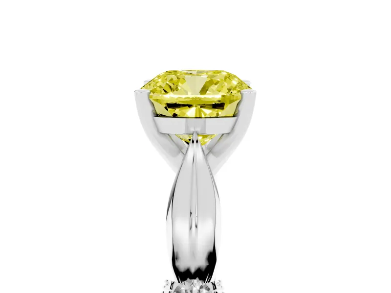Fancy Yellow Cushion Cut Diamond Solitaire Twisted Band Ring Set in Silver with Accent Stones and Prong Setting