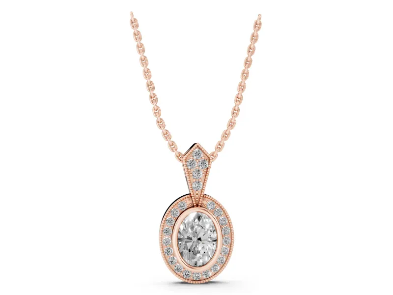 Oval Lab-Grown Diamond Bezel Pavé Halo Pendant Necklace | Milgrain Kite Bail | Rose Gold