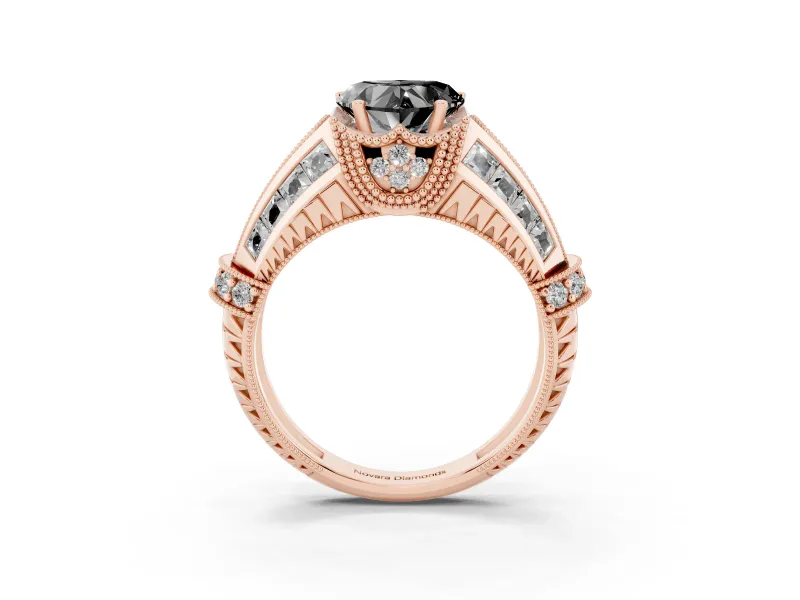 Fancy Black Heart Cut Diamond Vintage-Inspired Milgrain Ring Set in Rose gold with Accent Split Shank