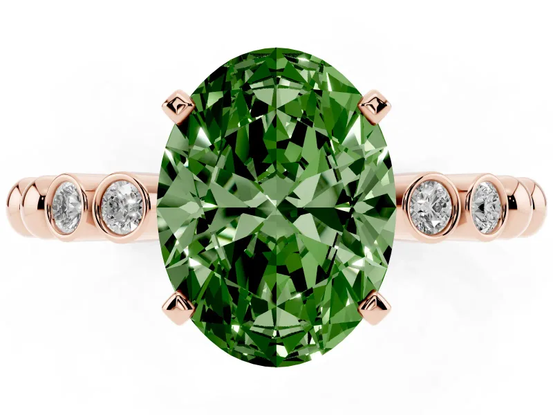 Fancy Green Oval Cut Diamond Solitaire Engagement Ring Set in Rose gold with Bezel Accents on Beaded Band