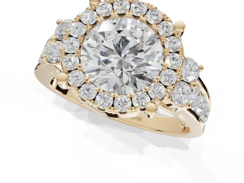 Round Halo Side Cluster Engagement Ring Setting | Graduated Channel Band | Yellow Gold