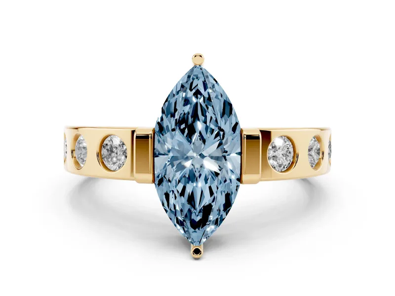 Fancy Blue Marquise Cut Diamond Channel-Set Band Ring Set in Yellow gold with Bezel Prong Setting