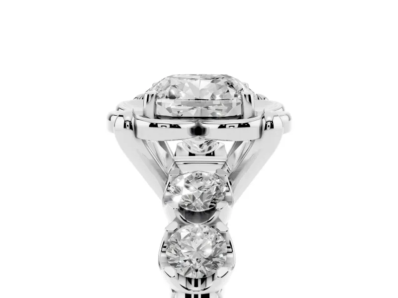 Cushion Cut Floral Engagement Ring Setting | Petal Frame and Side Stones | Sterling Silver