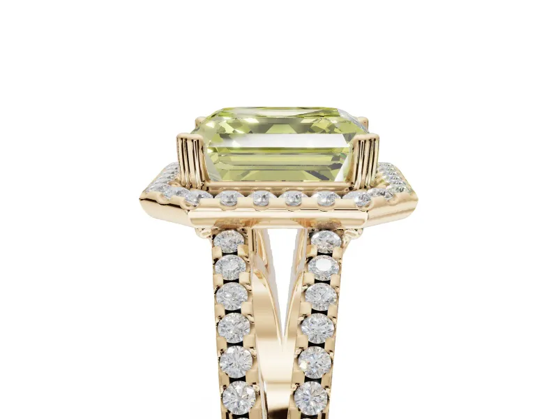 Asscher Cut Halo Split Shank Engagement Ring Setting for a Fancy Yellow Lab-Grown Diamond | Pavé Shoulders | Yellow Gold