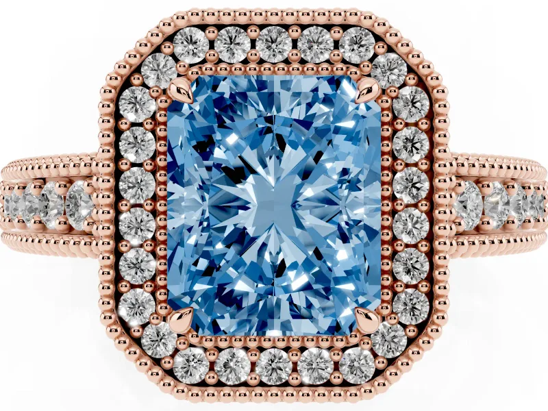 Fancy Blue Radiant Cut Diamond Halo Ring Set in Rose gold with Round Accent Halo, Pavé Band and Prong Setting