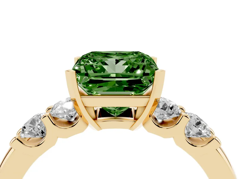Fancy Green Princess Cut Diamond Five-Stone Prong Set Engagement Ring Set in Yellow gold with Channel Band