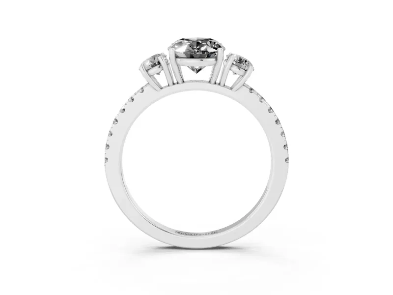Fancy Black Oval Cut Diamond Three-Stone Ring Set in Platinum with Pavé Band and Graduated Sides