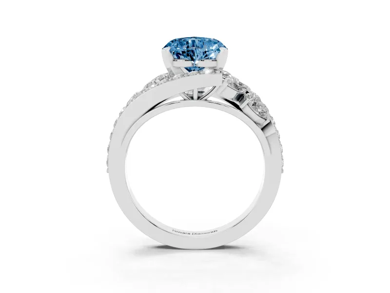 Fancy Blue Heart Cut Diamond Halo Ring Set in Platinum with Marquise and Pavé Band in Prong Setting