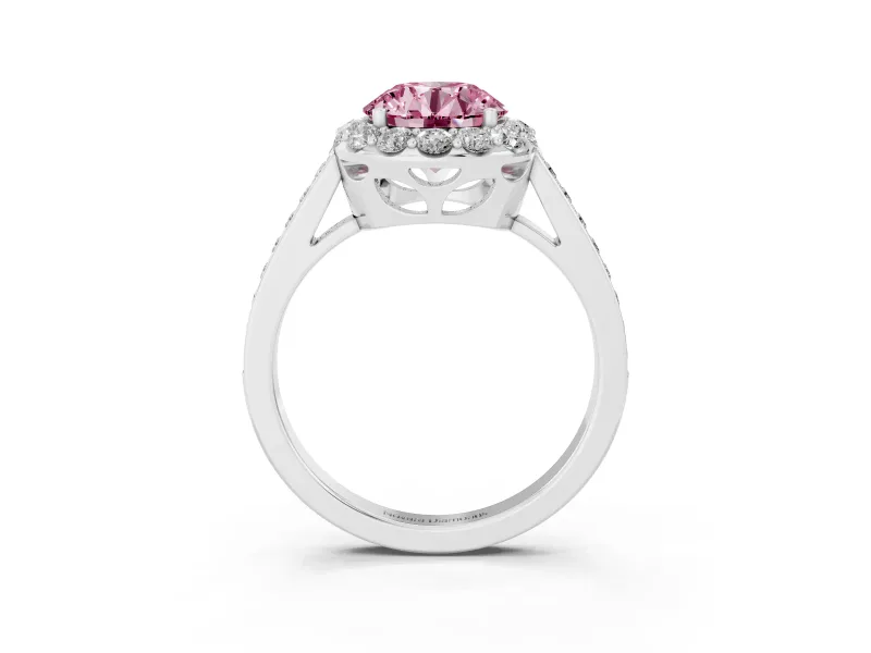 Fancy Pink Round Cut Diamond Floral Halo Ring Set in White gold with Pavé Band and Prong Setting