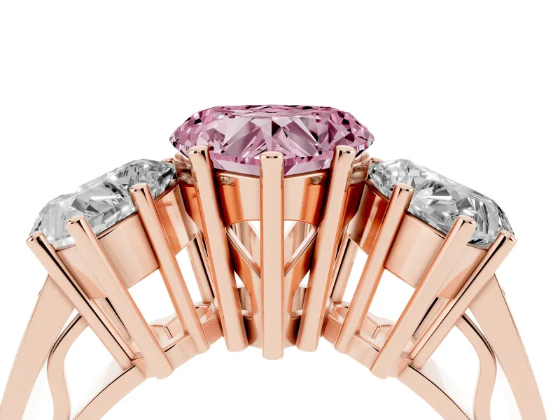 Heart-Shaped Three Stone Engagement Ring Setting for a Fancy Pink Lab-Grown Diamond | Beaded Shoulders | Rose Gold