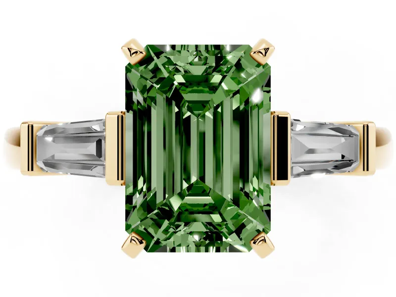 Fancy Green Emerald Cut Diamond Solitaire Ring Set in Yellow gold with Tapered Baguette Accents and Prong Setting