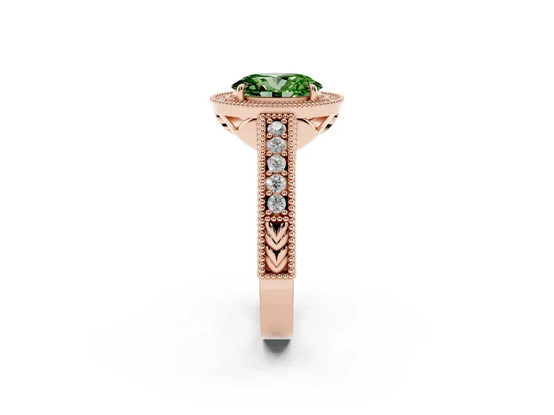 Fancy Green Oval Cut Diamond Halo Ring Set in Rose gold with Round Accent Halo, Pavé Band and Prong Setting