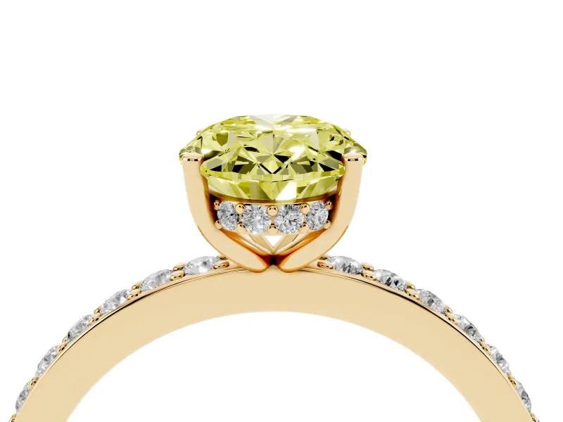 Fancy Yellow Oval Cut Diamond Pavé Band Ring Set in Yellow gold with Prong-Set Center Stone