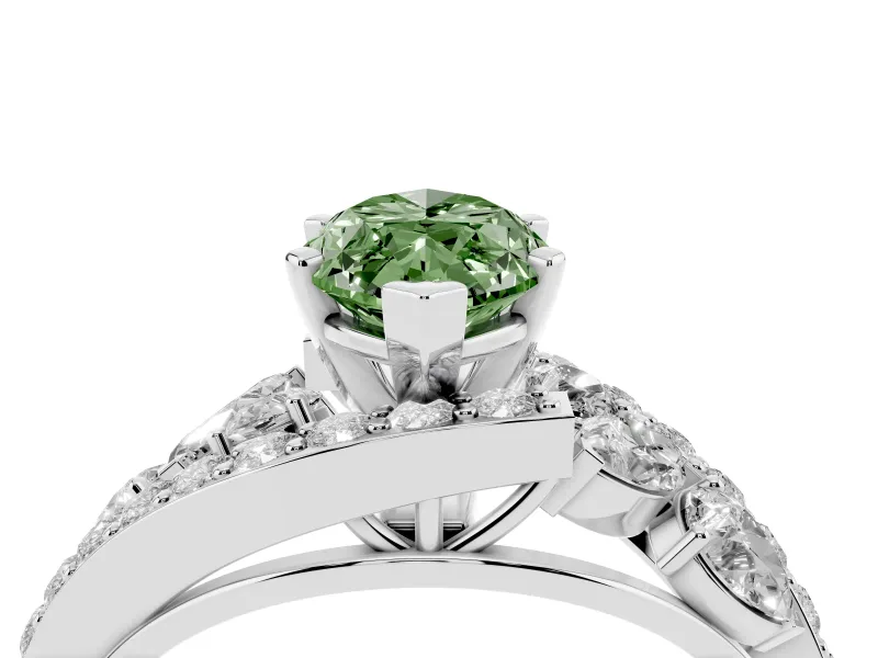 Fancy Green Marquise Cut Diamond Halo Ring Set in Platinum with Marquise and Pavé Band in Prong Setting