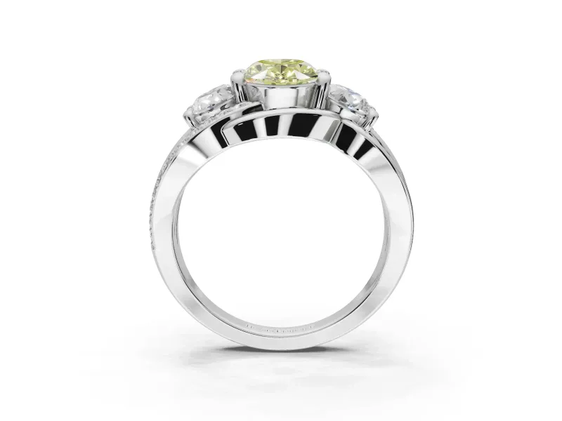 Oval Three Stone Split Shank Engagement Ring Setting for a Fancy Yellow Lab-Grown Diamond | Matching Sides | White Gold