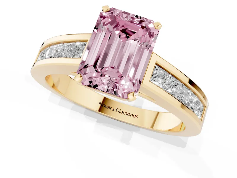 Emerald Cut Channel Engagement Ring Setting for a Fancy Pink Lab-Grown Diamond | Yellow Gold
