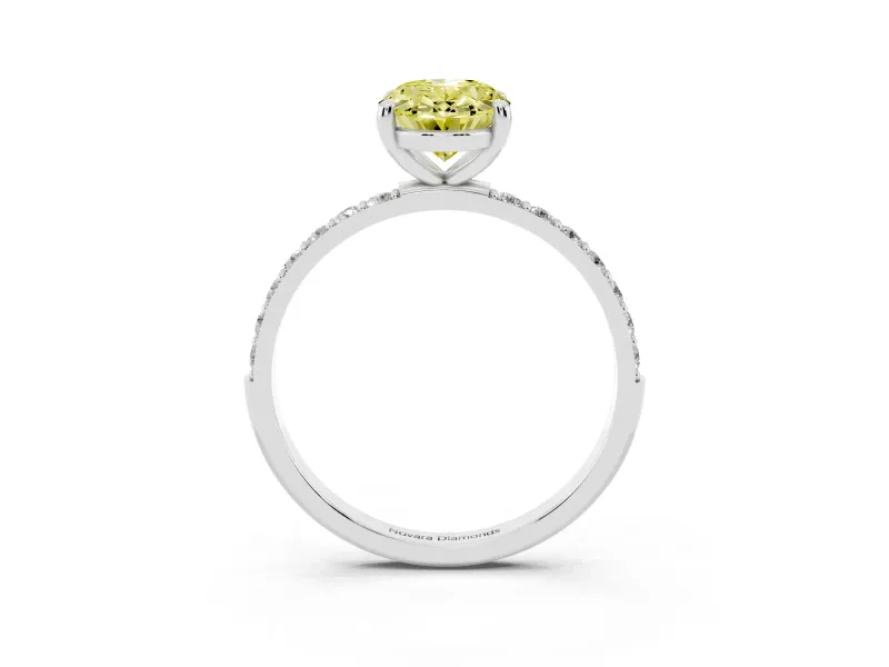 Fancy Yellow Oval Cut Diamond Solitaire Ring Set in Platinum with Round Pavé Band and Prong Setting