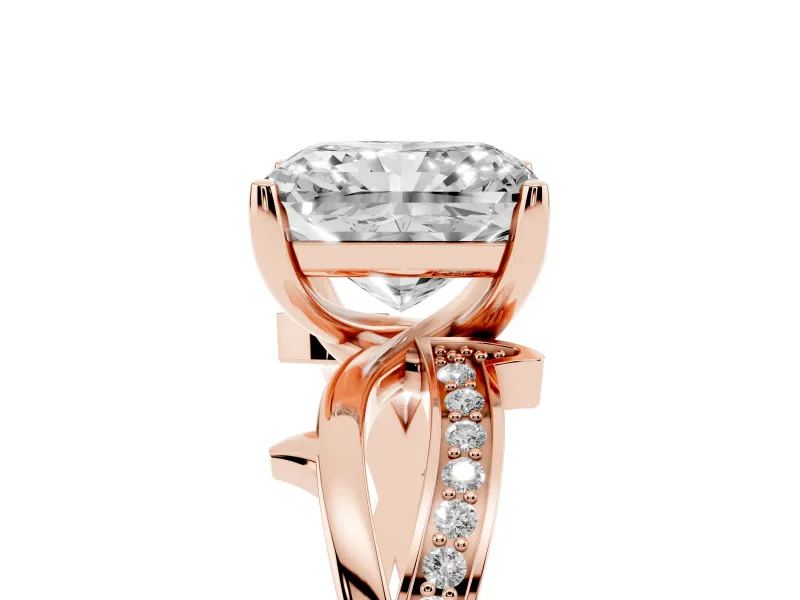 Radiant Cut Twisted Pavé Engagement Ring Setting | Pavé and Plain Strands | Rose Gold