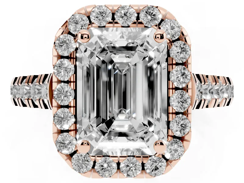 Emerald Cut Halo Engagement Ring Setting | Shared Prong Shoulders | Rose Gold