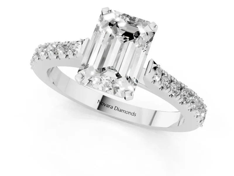 Emerald Cut Pavé Solitaire Engagement Ring Setting | Single Row Shoulders | Sterling Silver
