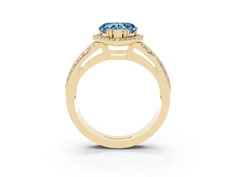 Fancy Blue Heart Cut Diamond Halo Ring Set in Yellow gold with Double Pavé Split Shank