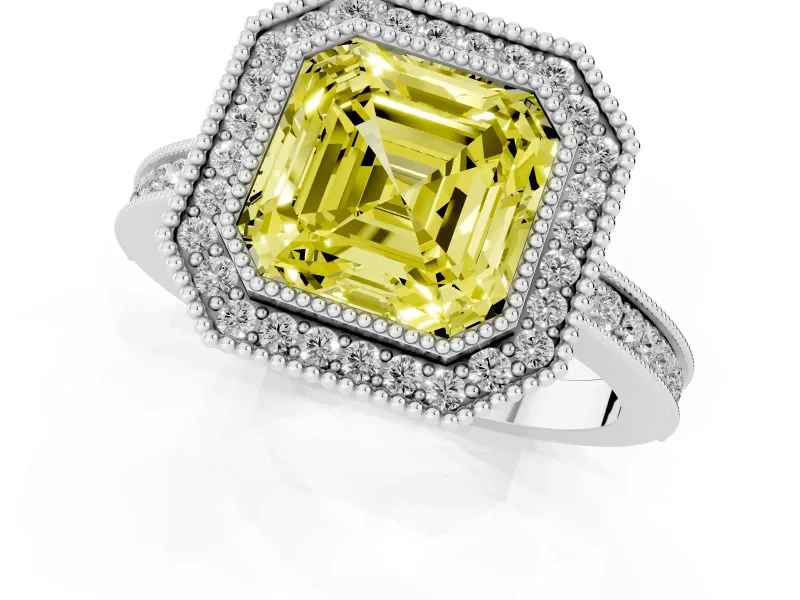 Fancy Yellow Asscher Cut Diamond Halo Ring Set in Platinum with Pavé Band and Milgrain-Edged Prongs