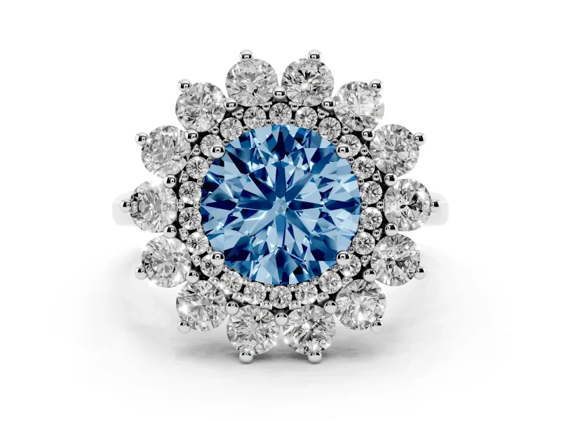Fancy Blue Round Cut Diamond Floral Double Halo Ring Set in White gold with Round Petals