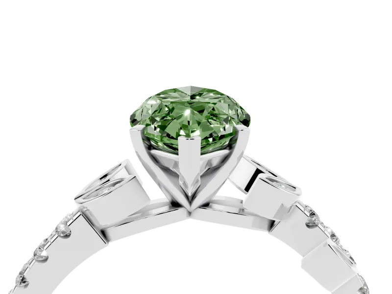 Fancy Green Marquise Cut Diamond Solitaire Leaf-Inspired Ring Set in White gold with Pavé Band and Prong Setting