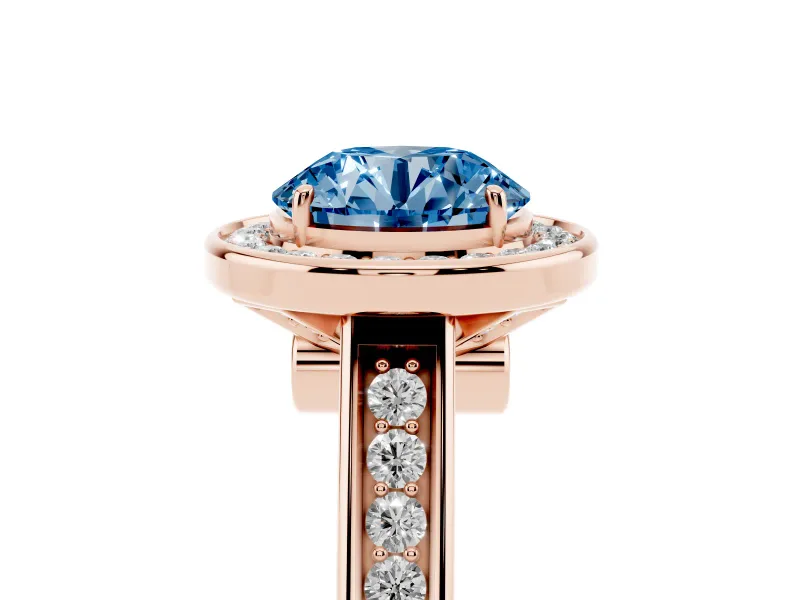 Fancy Blue Round Cut Diamond Halo Solitaire Ring Set in Rose gold with Pavé Band and Bezel Setting