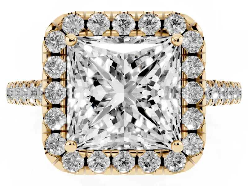 Princess Cut Raised Halo Engagement Ring Setting | Pave Band | Yellow Gold