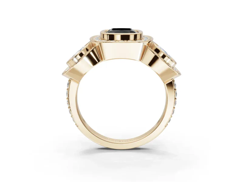 Cushion Cut Three Stone Halo Engagement Ring Setting for a Black Center | Bezel Set | Yellow Gold
