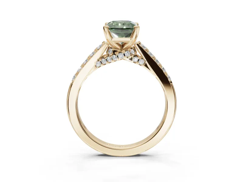 Radiant Cut Pavé Solitaire Engagement Ring Setting for a Fancy Green Lab-Grown Diamond | Crossover Gallery | Yellow Gold