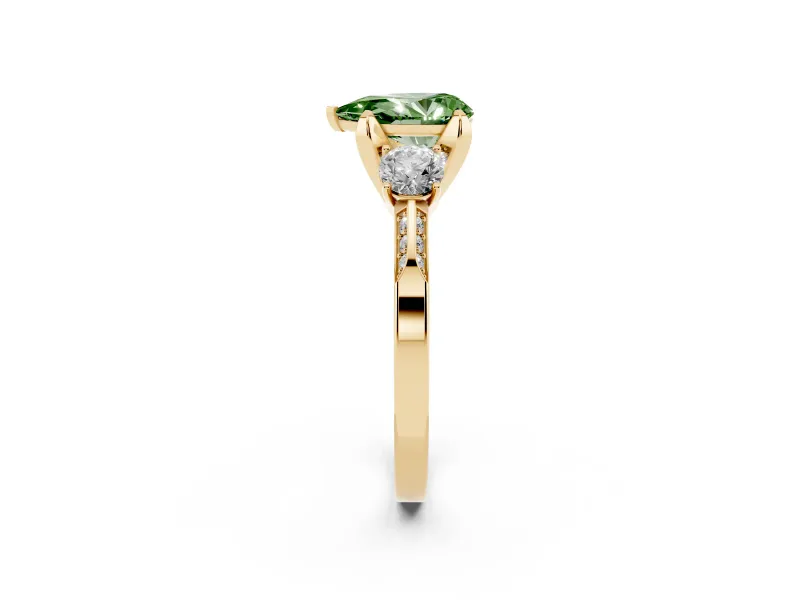 Pear-Shaped Hidden Halo Three Stone Engagement Ring Setting for a Fancy Green Lab-Grown Diamond | Yellow Gold