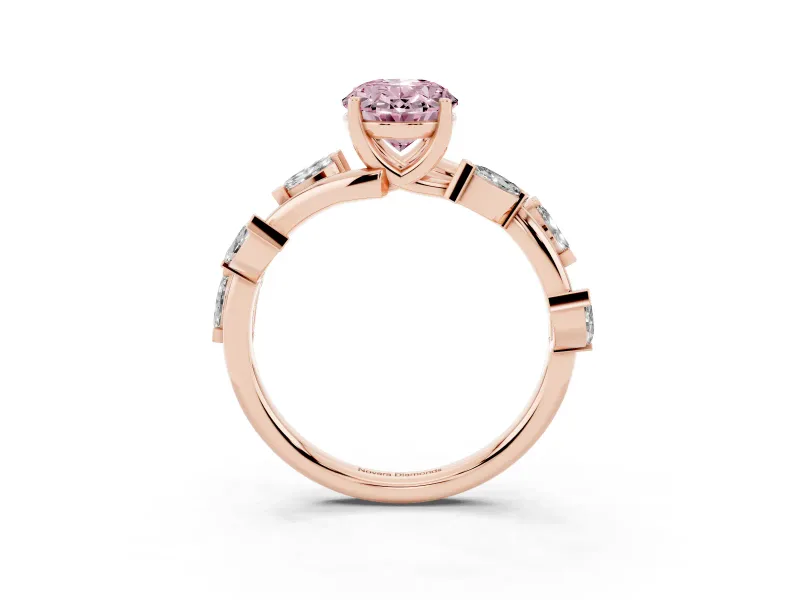 Fancy Pink Oval Cut Diamond Solitaire Ring Set in Rose gold with Twisted Marquise Accent Band