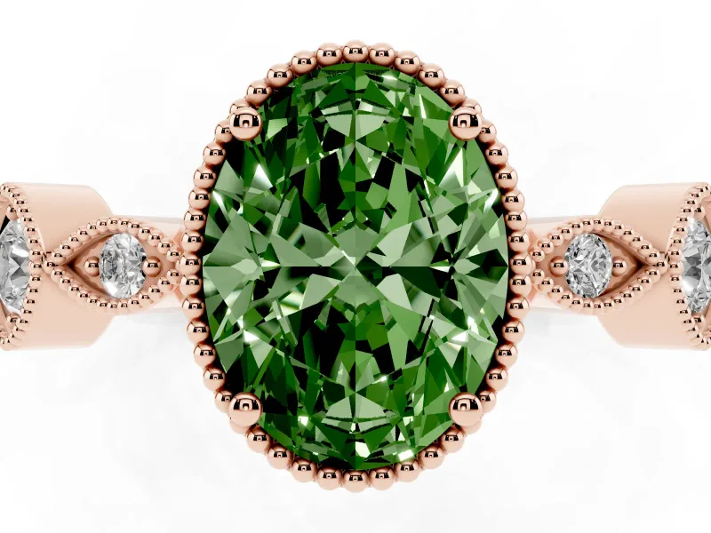 Fancy Green Oval Cut Diamond Vintage-Inspired Milgrain Ring Set in Rose gold with Marquise Stations of Round Accents