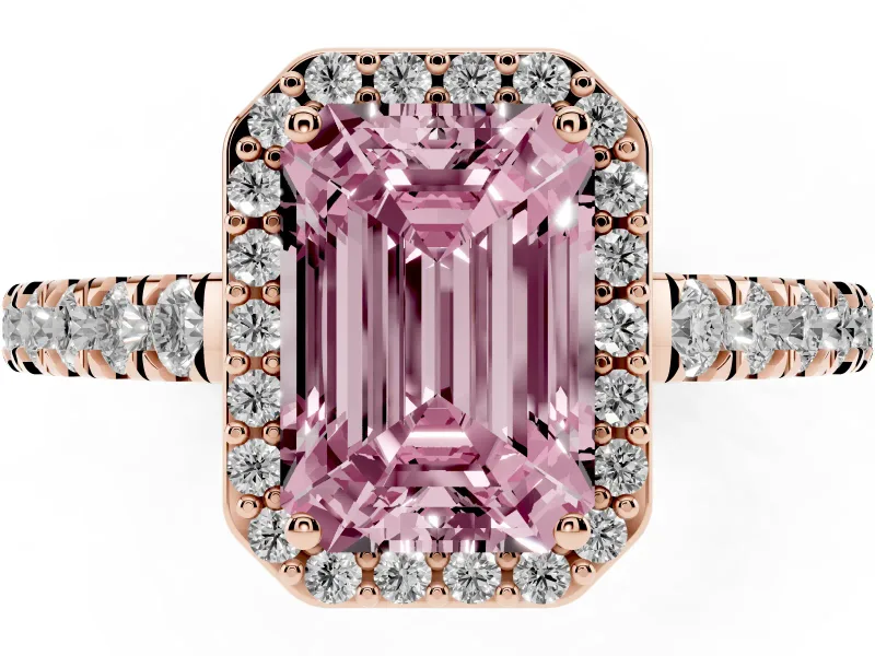 Fancy Pink Emerald Cut Diamond Halo Engagement Ring Set in Rose gold with Pavé Band and Prong Setting