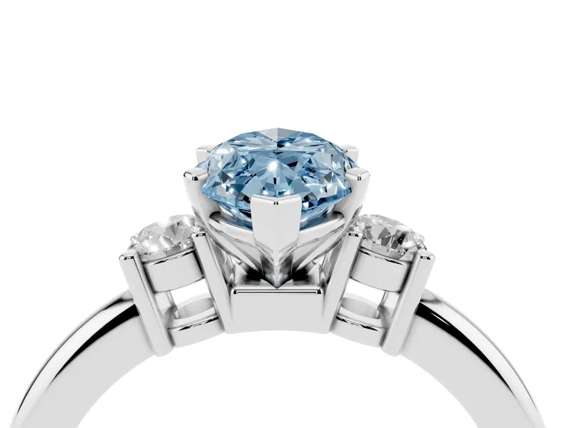 Fancy Blue Three-Stone Marquise Cut Diamond Ring Set in Platinum with Prong Setting and Plain Band