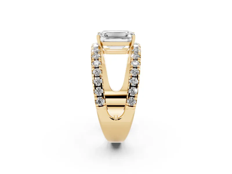 Emerald Cut Wide Open Split Shank Engagement Ring Setting | Pavé Strands | Yellow Gold
