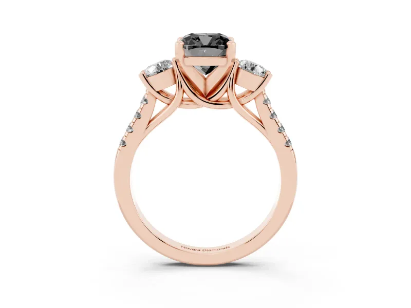 Fancy Black Three-Stone Cushion Cut Diamond Pavé Band Ring Set in Rose gold with Prong-Set Trio