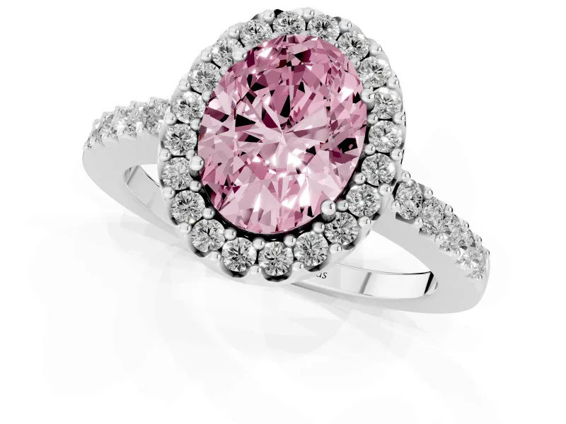 Fancy Pink Oval Cut Diamond Halo Pavé Solitaire Ring Set in Platinum with Prong-Set Center Stone