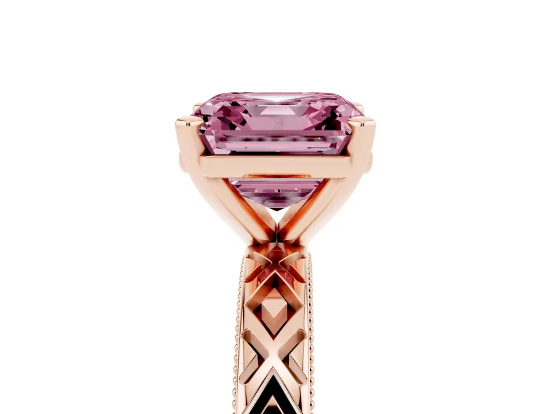 Fancy Pink Asscher Cut Diamond Solitaire Ring Set in Rose gold with Milgrain and Black Enamel X Pattern Band