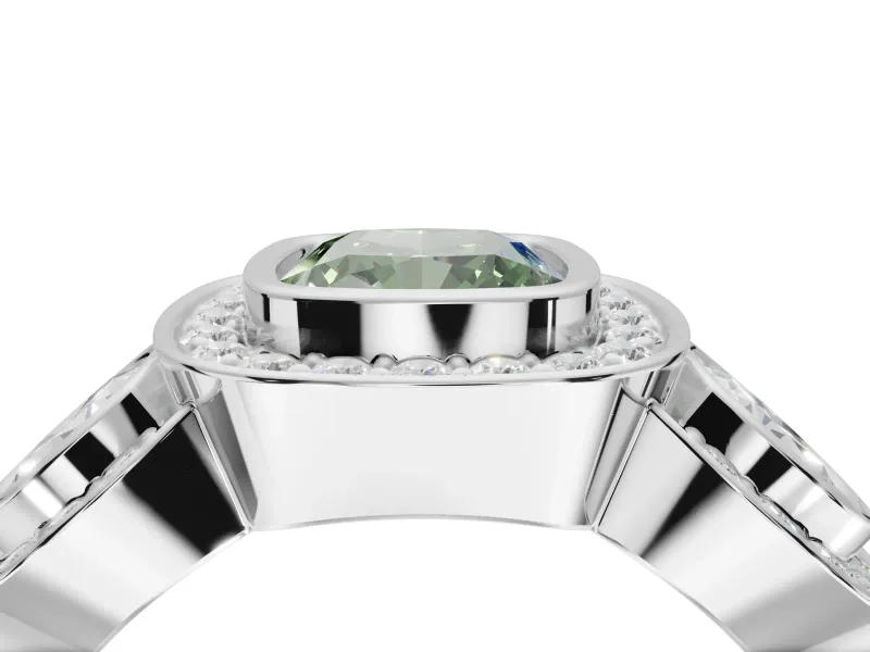 Cushion Cut Three Stone Halo Engagement Ring Setting for a Fancy Green Lab-Grown Diamond | Platinum