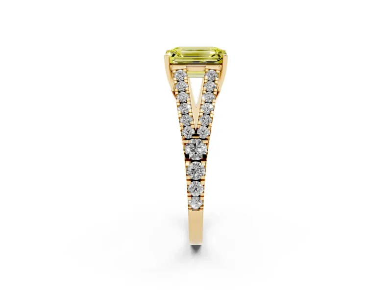 Emerald Cut Graduated Split Shank Engagement Ring Setting for a Fancy Yellow Lab-Grown Diamond | Yellow Gold