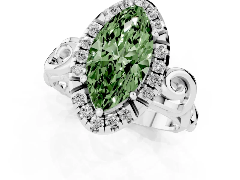 Fancy Green Marquise Cut Diamond Halo Ring Set in Platinum with Scrollwork Band and Prong Setting