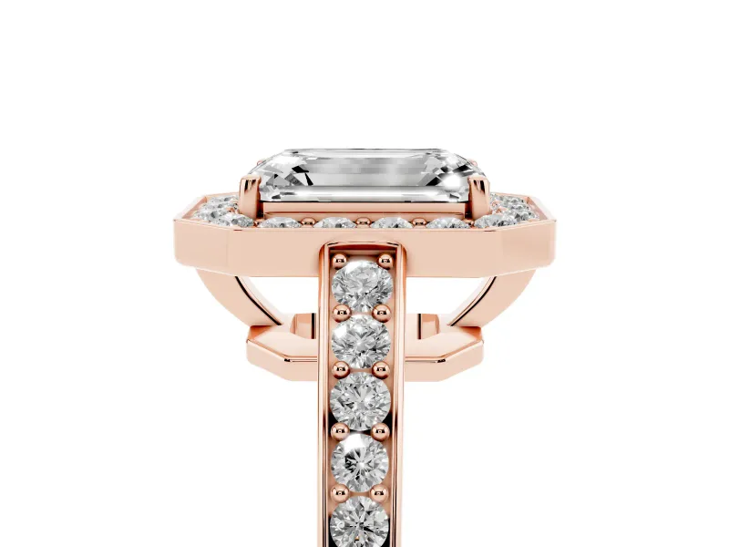 Emerald Cut Diamond Halo Pavé Engagement Ring Set in Rose gold with Bezel Setting