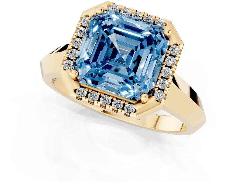 Fancy Blue Asscher Cut Diamond Halo Ring Set in Yellow gold with Cathedral Band and Prong Setting