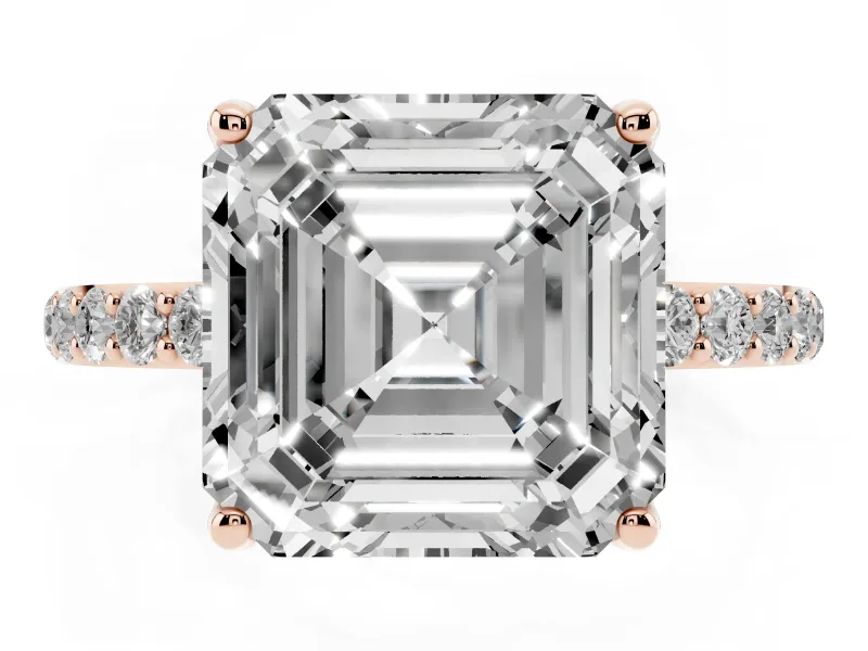 Asscher Cut Pave Solitaire Engagement Ring Setting | Fine Line Pave Band | Rose Gold