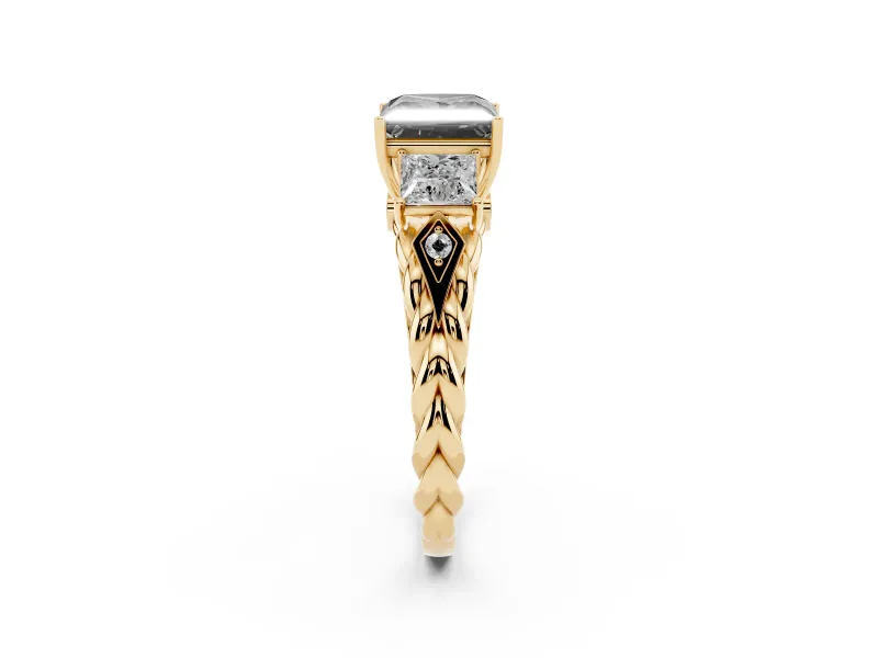 Fancy Black Princess Cut Diamond Three-Stone Ring Set in Yellow gold with Braided Band